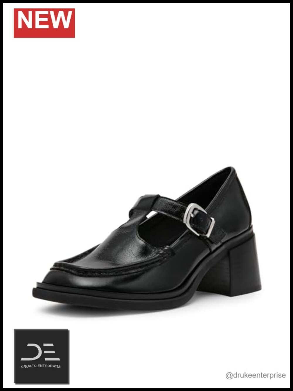 Chunky Block Heel Square Toe T-Strap Buckle Loafer Pumps